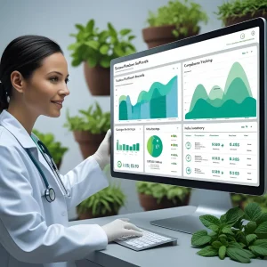 Female doctor using a medical cannabis software dashboard with patient records, compliance tracking, and inventory data in a green clinic setting.