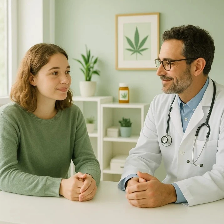 Young adult speaking with a doctor in a clinic about benefits of medical cannabis for anxiety and depression in Australia. Cannabiz Elite.