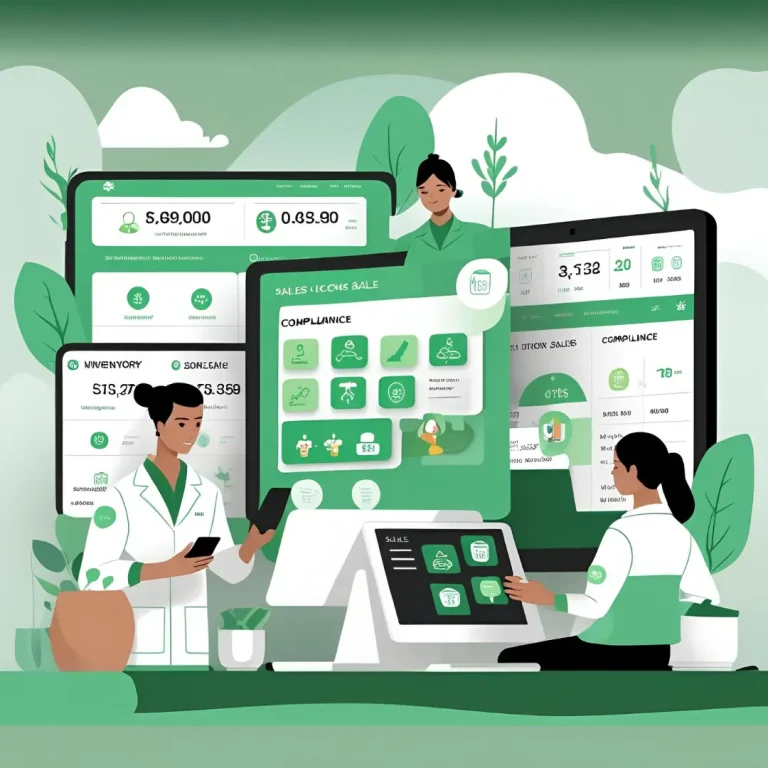 Clinic staff using cannabis ERP software dashboard in a modern Australian dispensary setting, with inventory, compliance, and sales modules displayed