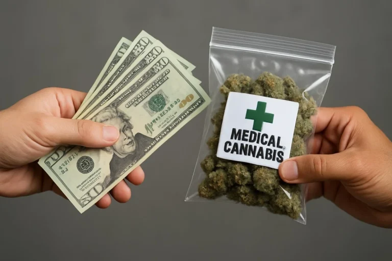 Close-up of a hand exchanging cash for a sealed medical cannabis bag, featuring visible and labeled cannabis buds, symbolizing a legal cannabis transaction.