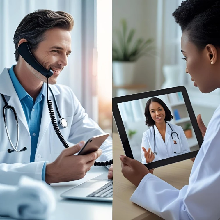 Telehealth comparison showing a patient on a phone call vs video consultation with a doctor, highlighting virtual care options in medicinal cannabis.