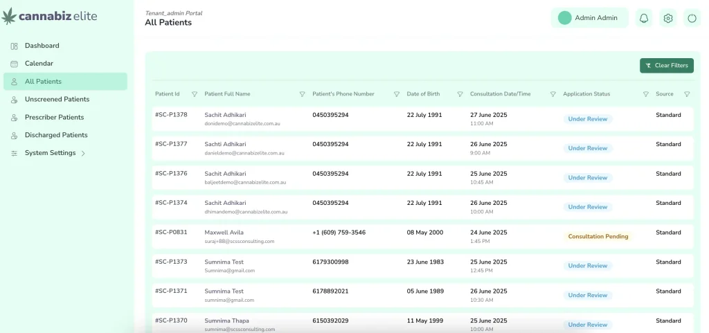 Admin Portal all patient of LeafClinic cannabis clinic management software Australia