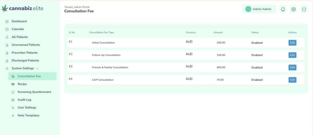 Admin Portal Customizable Consultation Fee of LeafClinic cannabis clinic management software Australia