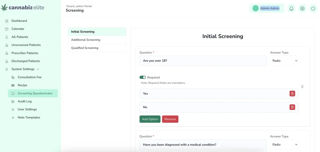 Admin Portal Customizable Screening Questionnaire of LeafClinic cannabis clinic management software Australia