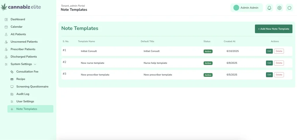 Admin Portal Note Templates of LeafClinic cannabis clinic management software Australia