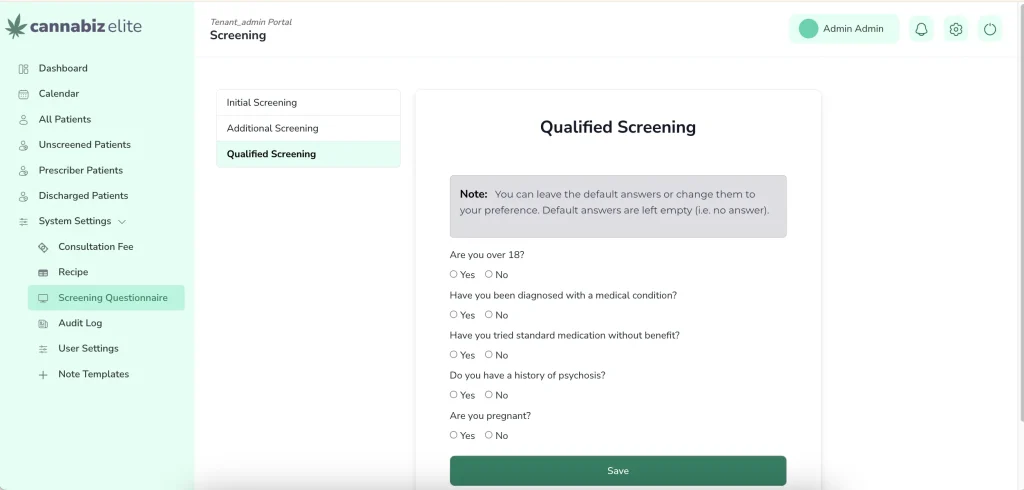 Admin Portal Qualified Screening of LeafClinic cannabis clinic management software Australia