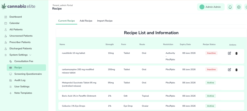 Admin Portal Recipe of LeafClinic cannabis clinic management software Australia