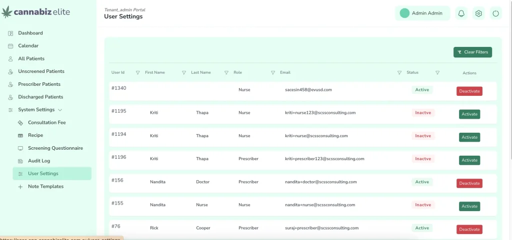 Admin Portal User Settings of LeafClinic cannabis clinic management software Australia