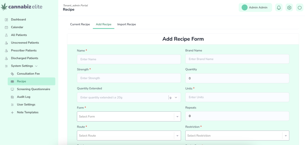 Admin Portal add new recipe of LeafClinic cannabis clinic management software Australia