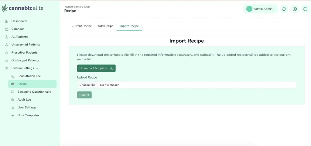 Admin Portal import recipe of LeafClinic cannabis clinic management software Australia