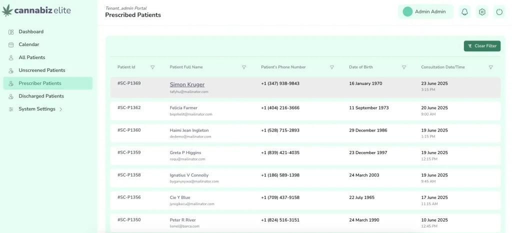 Admin Portal prescriber patients of LeafClinic cannabis clinic management software Australia