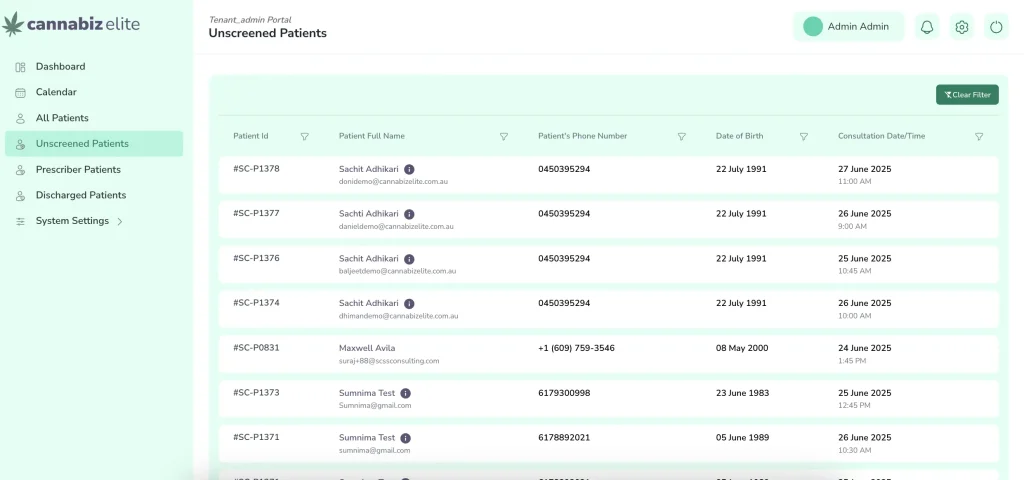 Admin Portal - Unscreened Patients Unscreened patients are money left on the table, people who started the process but didn't finish. The system identifies them, shows you where they stopped, and can even trigger automated follow-ups.