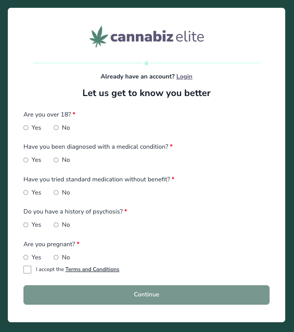 TGA-compliant Cannabiz Elite Questionnaire for clinic software