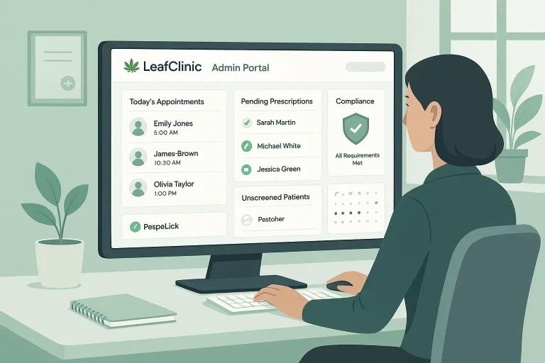 Clinic administrator managing operations using LeafClinic’s cannabis clinic software dashboard with appointments, patient records, and compliance tools on screen.