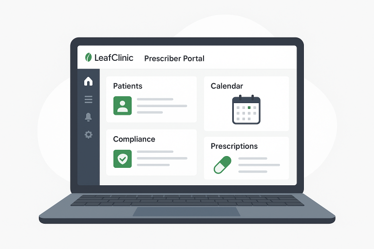 Laptop displaying the LeafClinic Prescriber Portal with modules for Patients, Calendar, Compliance, and Prescriptions.