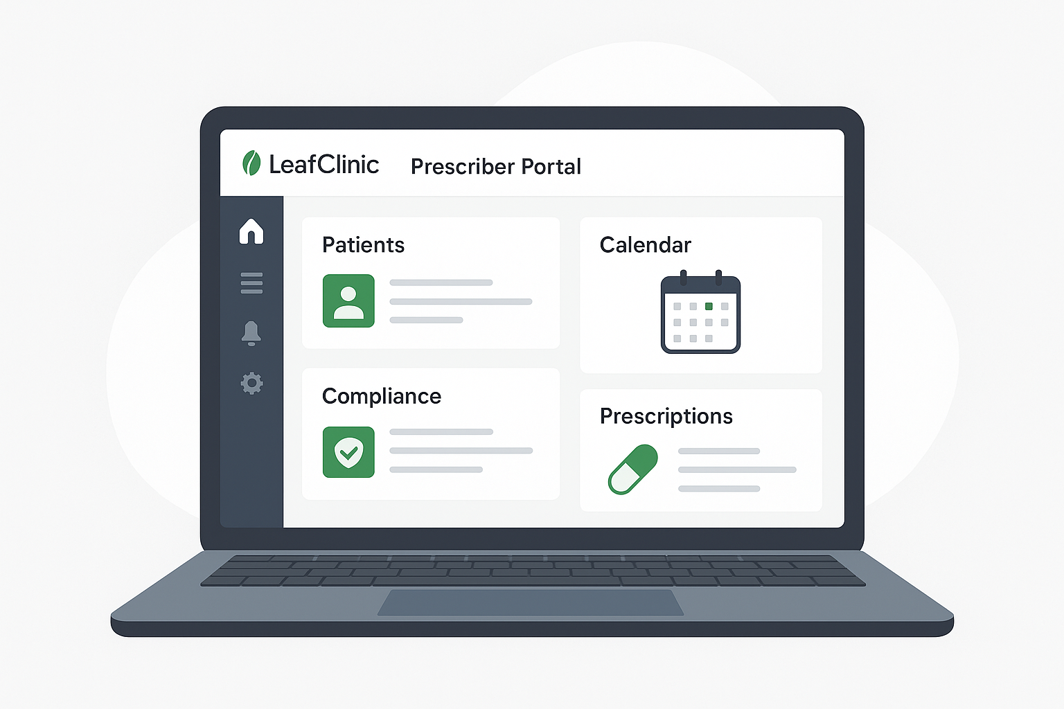 Laptop displaying the LeafClinic Prescriber Portal with modules for Patients, Calendar, Compliance, and Prescriptions.