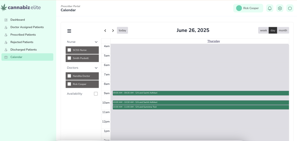 LeafClinic Prescriber Portal calendar view with colour-coded consultations, reminders, and telehealth scheduling.