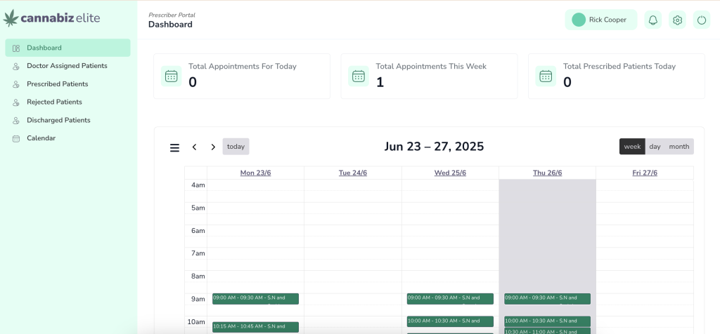 LeafClinic Prescriber Portal dashboard showing appointments, patient metrics, and prescription management tools.