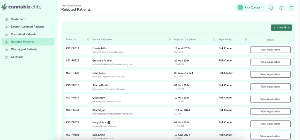 LeafClinic Prescriber Portal rejected patients list with documented clinical reasoning for compliance.