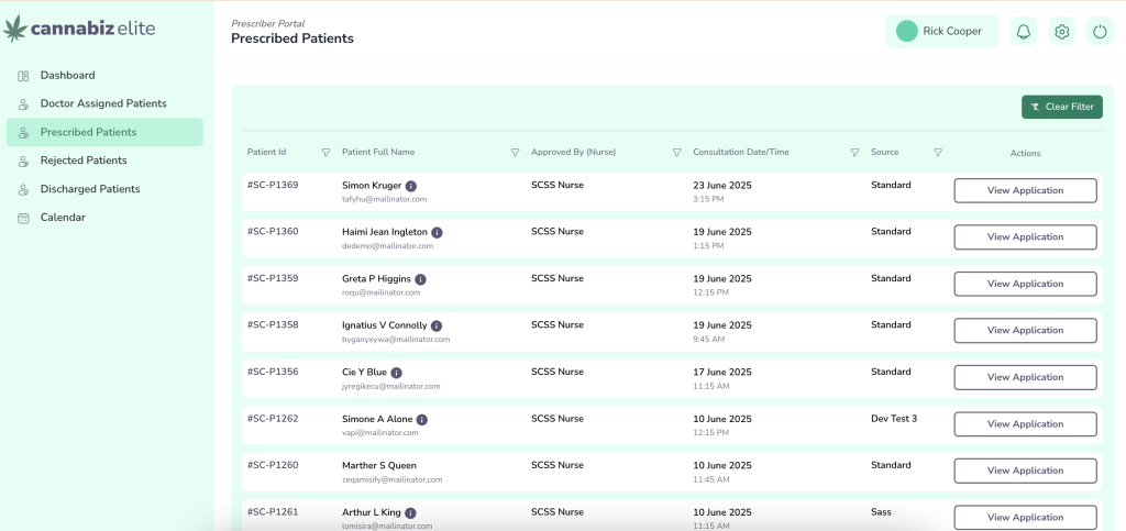LeafClinic Prescriber Portal screen showing prescribed patients, treatment progress, and follow-up reminders.