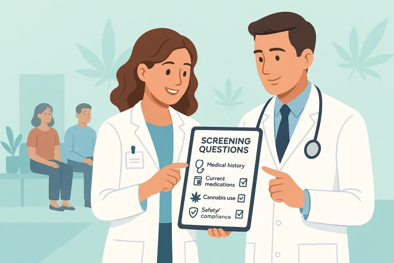 Cannabis clinic screening questions checklist with doctor and pharmacist